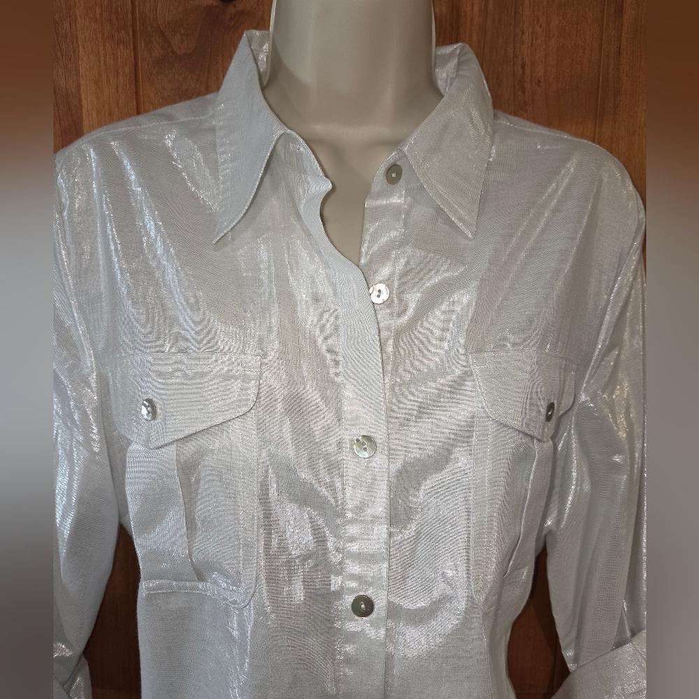 Ruby Rd. White Metallic Button Down Shirt - Picture 2 of 8